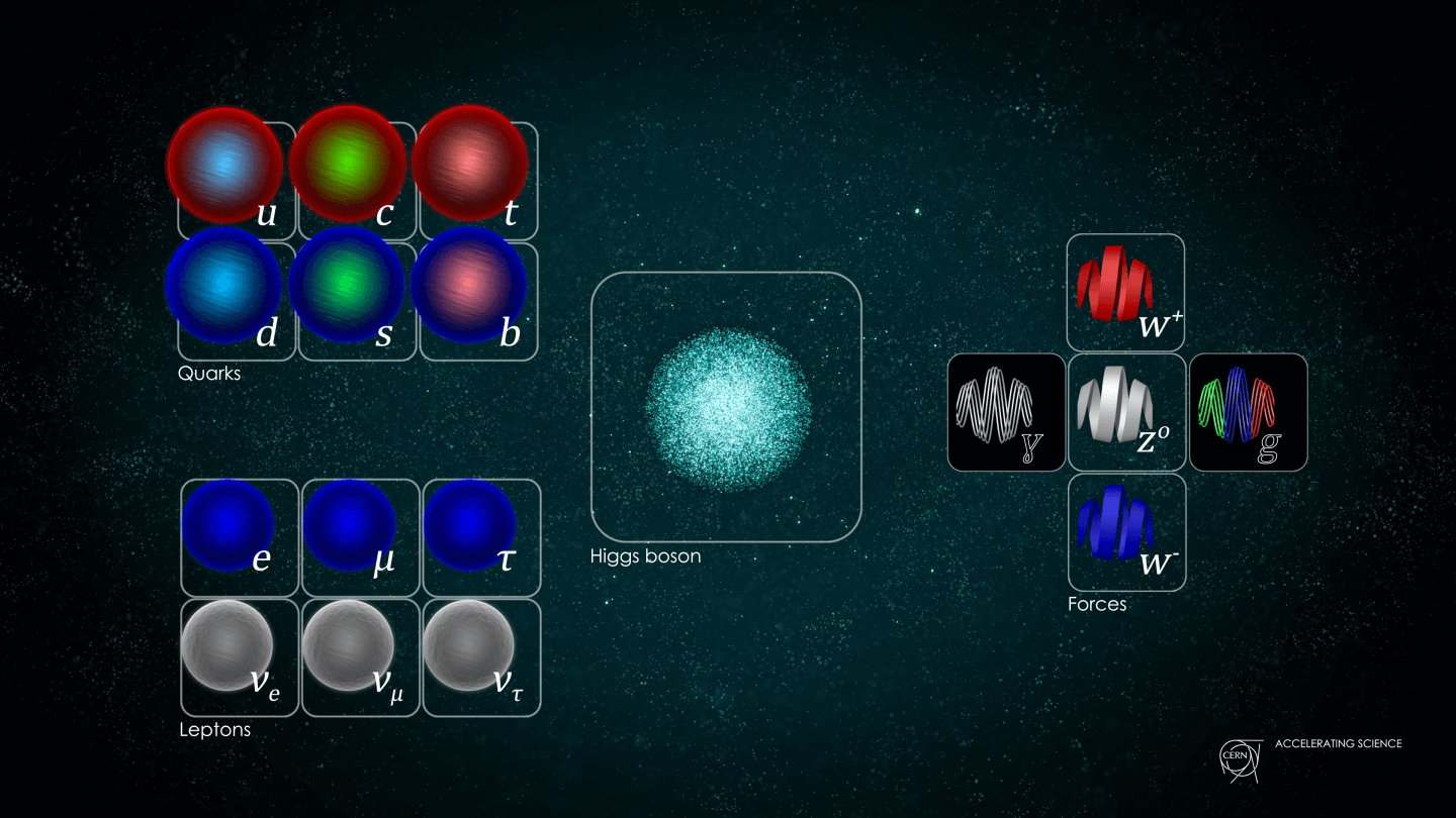 Štandardný model časticovej fyziky. Bozóny W, Z a Higgs boli objavené v CERNe (obrázok: Daniel Dominguez / CERN)